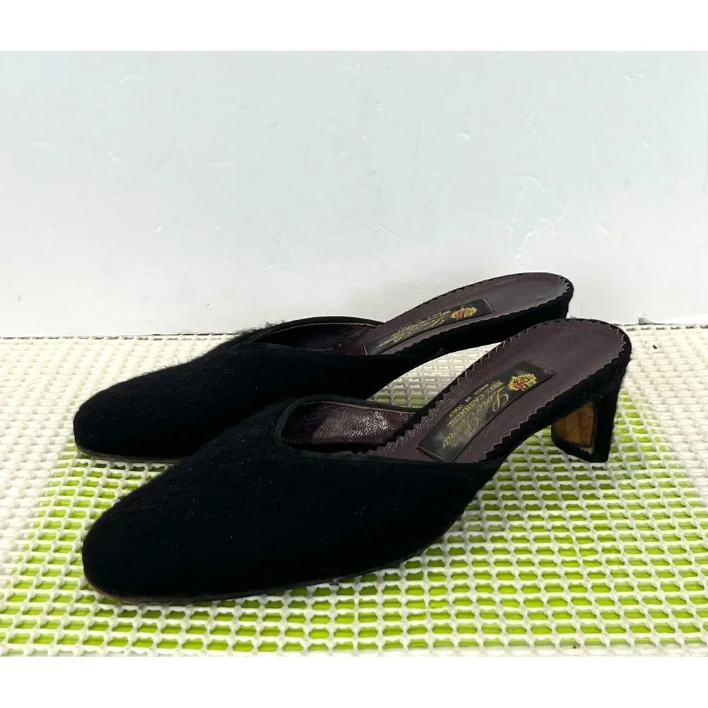 Loro Piana Kitten Heel Mules Women's 37 Black 100% Cashmere Almond Toe